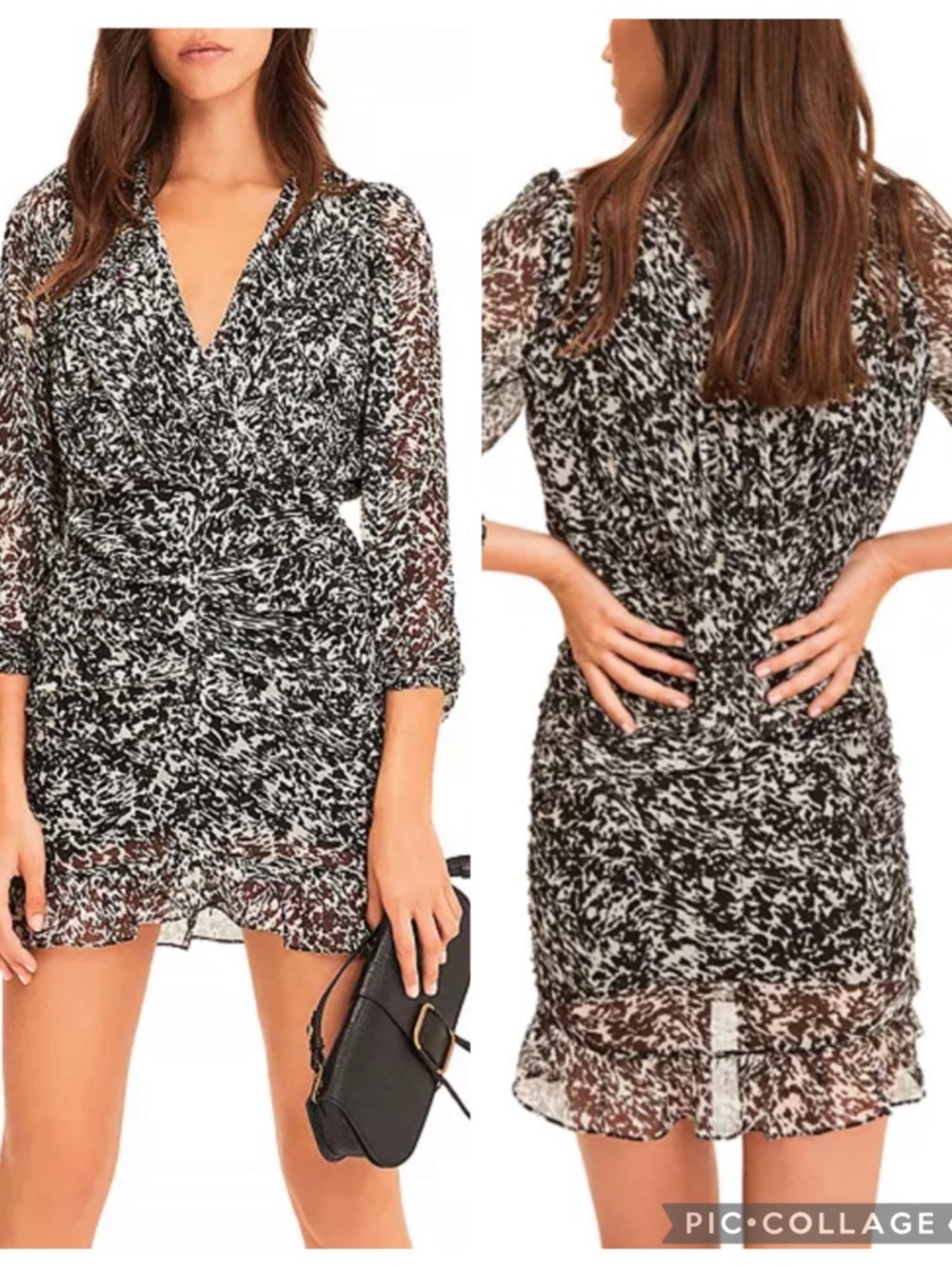 GUC ba&sh Ezra Black and White Printed Surplice V-Neck Ruched Mini Dress in Noir